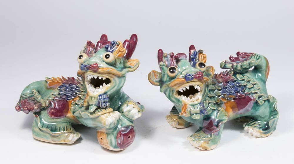 Pair Chinese Multicolor Pottery Foo Dogs (1 of 3)