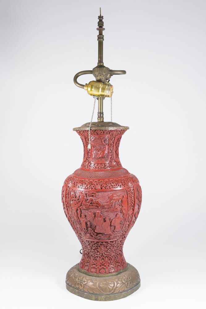 Antique Cinnabar Vase Mounted as Lamp (1 of 6)