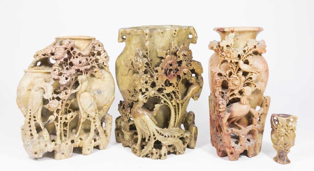 Lot of 4 Soapstone Vases: Decorated with flowers and birds. Largest approx. 11" H. Minor losses to all.