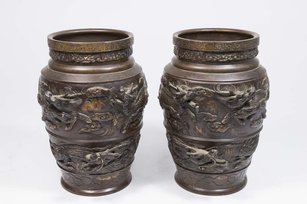 Pair Chinese Bronze Vases with Relief (1 of 5)