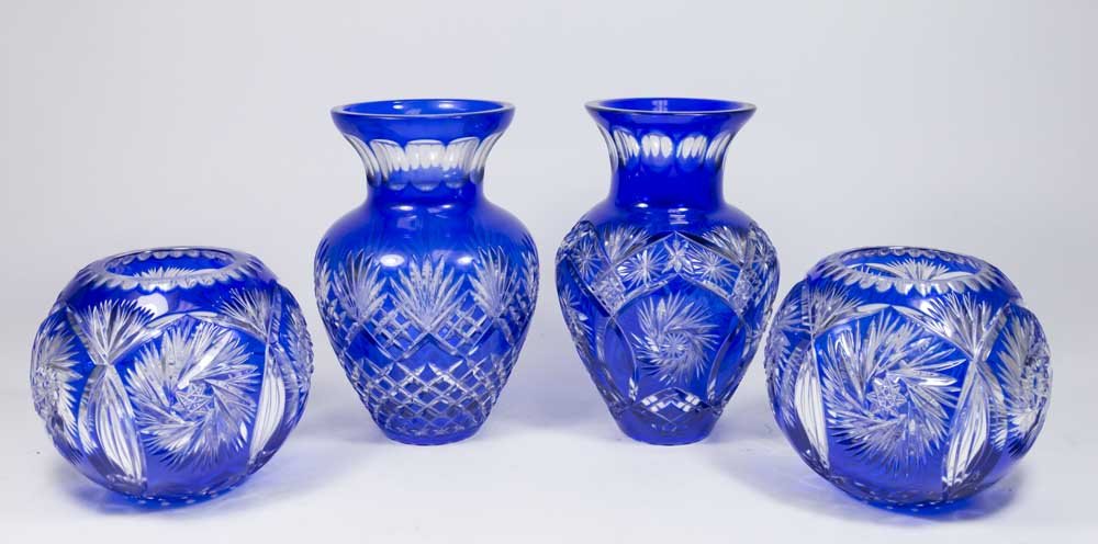 Matched Pair Blue Cut to Clear Vases & Pair Bowls (1 of 4)
