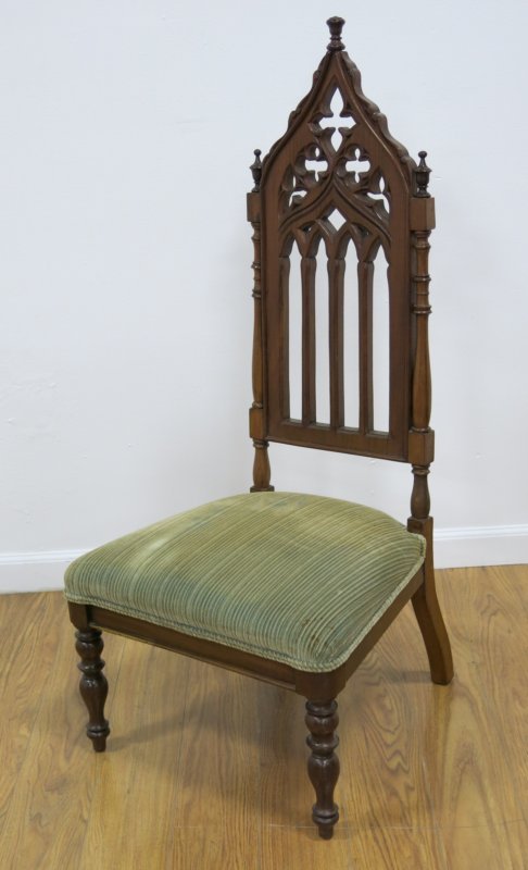 Mahogany Gothic Slipper Chair: Green fabric. Approx. 42 1/2" H back, 13" H seat.