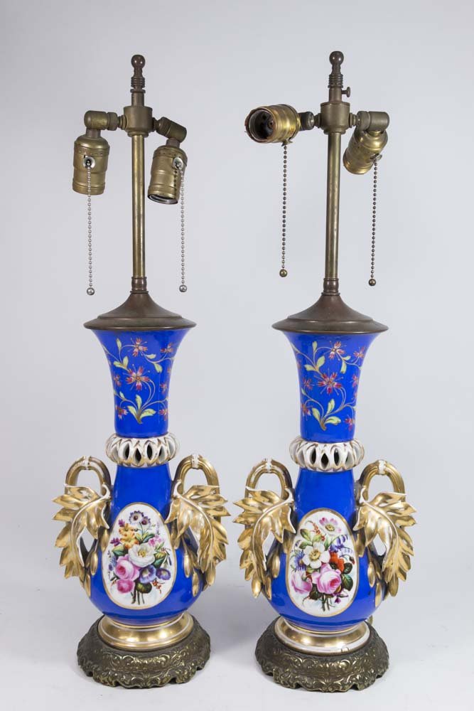 Pair Old Paris Vases Mounted as Lamps (1 of 5)