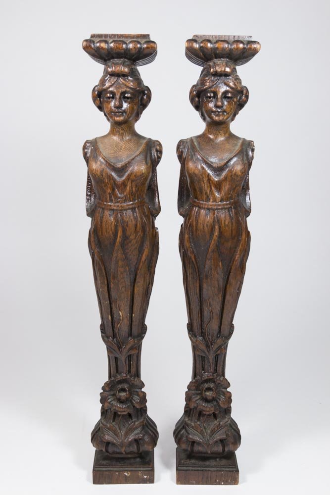 Pair Carved Figural Oak Pilasters (1 of 6)