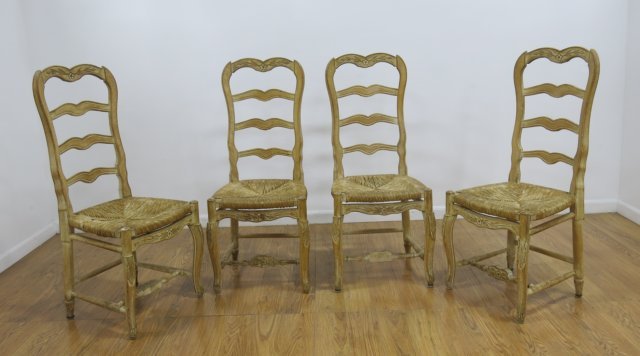 Set of 4 Country Chairs: Ladder back. Rush seat. Off-white finish. Stretcher base. Approx. 41" H.