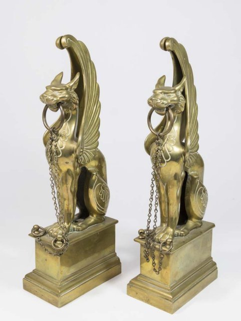 Pair Griffon Form Bronze Andirons: Circa 19th century. Approx. 15" H.