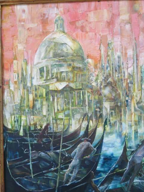 Russim, Santa Maria de la Salute - Venice: Oil on board. Signed lower right. Gallery label rear. Approx. 14" H x 11" W without frame, 22" H x 19" W framed.