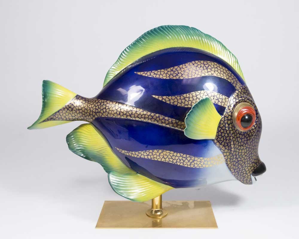 Oggetti Gilt-Decorated Porcelain Tropical Fish: By Mangani. Circa 1980. Approx. 12 3/4" H x 16" W.