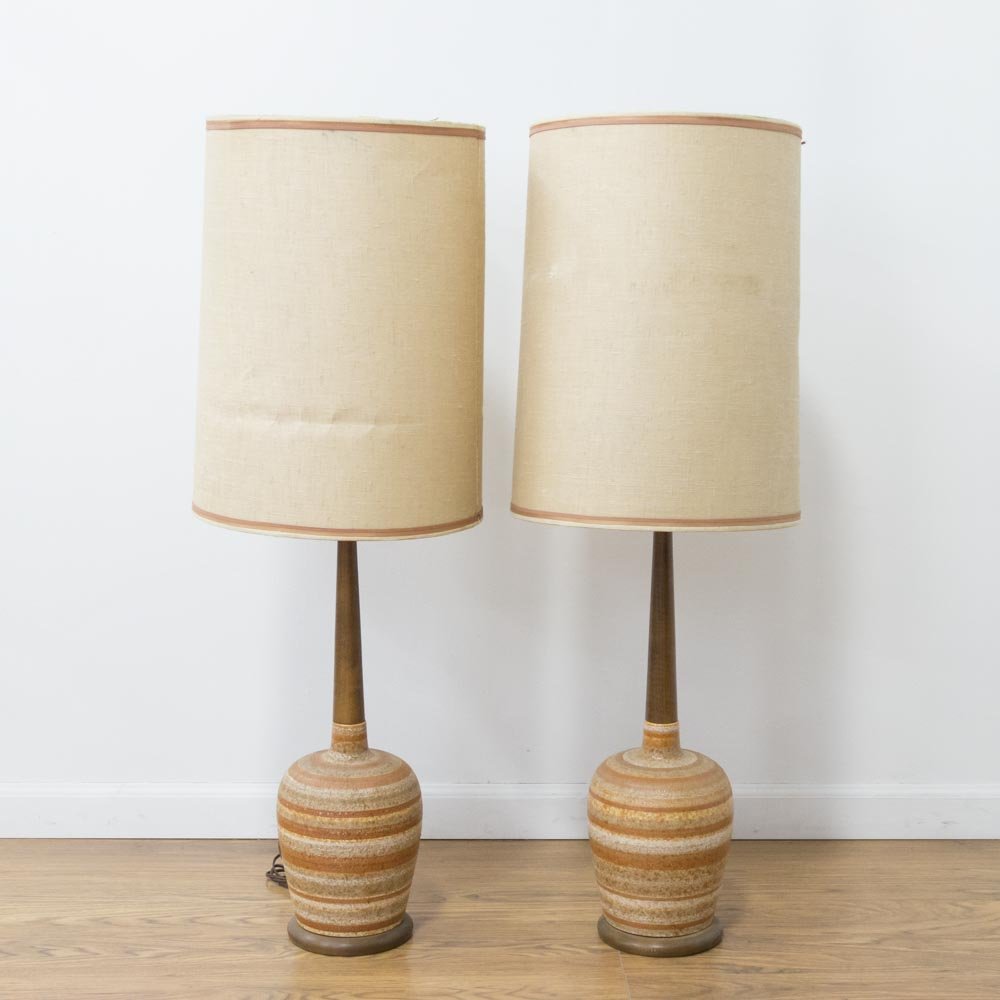 Pair 50s Ceramic & Teak Lamps (1 of 5)