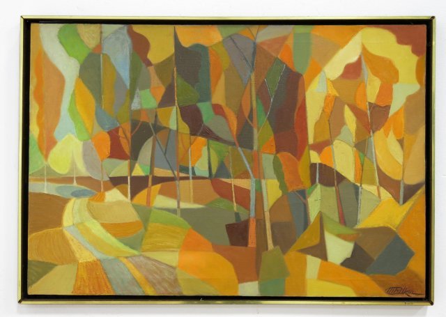 M. Belkin, Cubist Abstract: Oil on canvas. Signed lower right. Circa 1960. Approx. 24" H x 35" W unframed, 26" H x 37" W framed. Wear to frame.