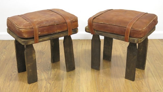 Pair Leather & Pine Saddle Benches (1 of 4)
