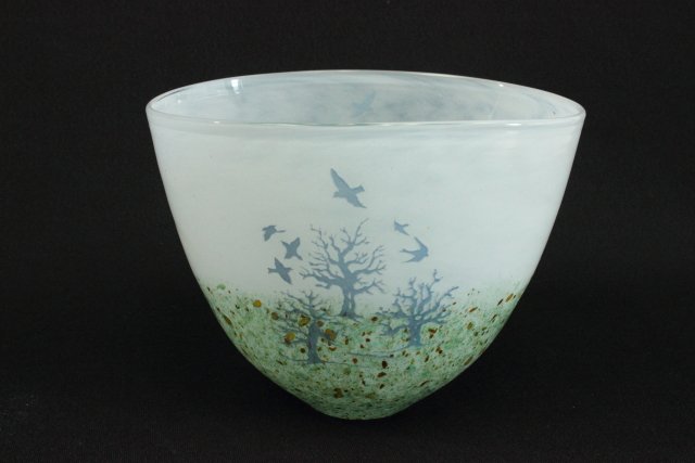 Boda Glass Vase: With enamel applique trees with birds. Signed by artist, Kjell Engman. Approx. 6" H x 7 1/2" W x 6 1/4" D.