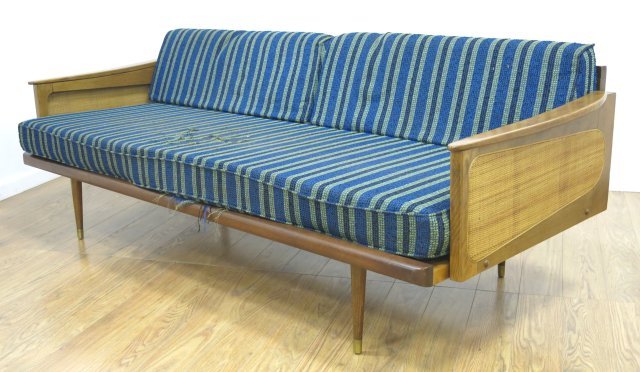 American Modern Woven Grass & Walnut Sofa: By Silray Furniture. Approx. 28" H x 79" W x 33" D. (5051)