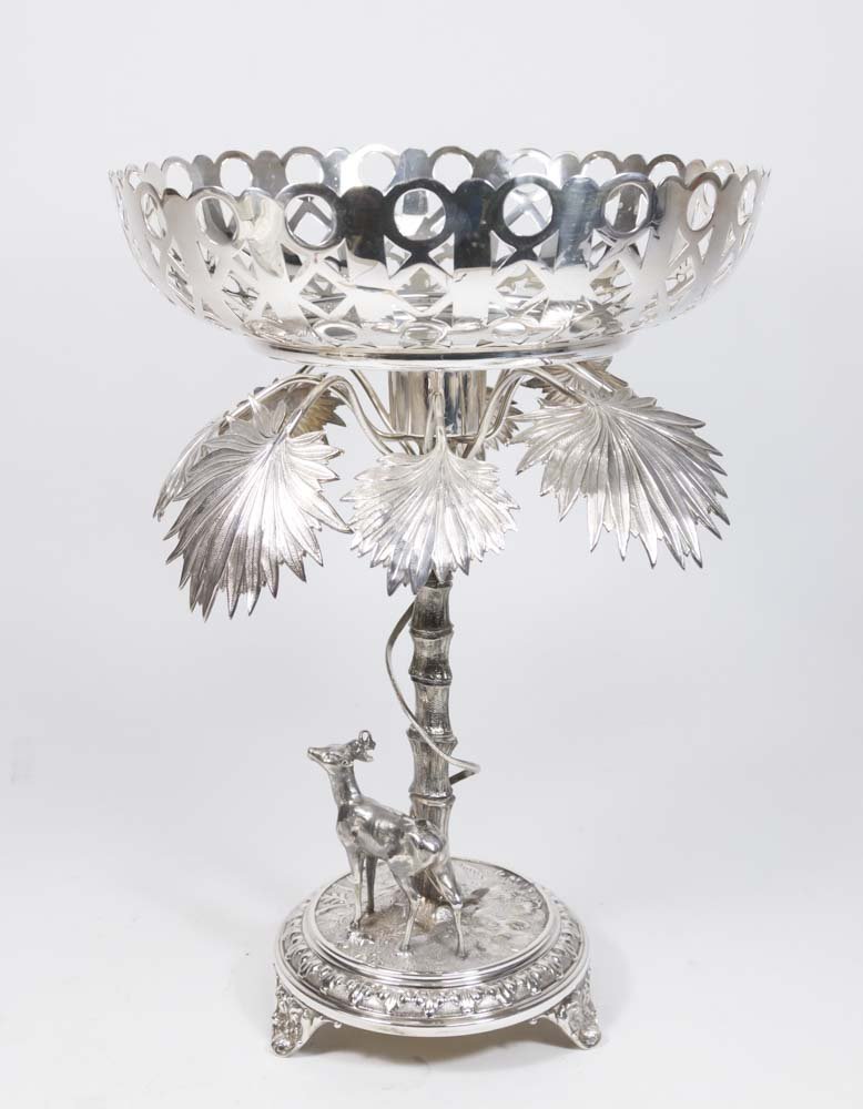 W.M.F. Silverplate Centerpiece with Stag: Approx. 14 3/4" H x 10 1/4" diameter. Property from a Park Ave, NY collection.