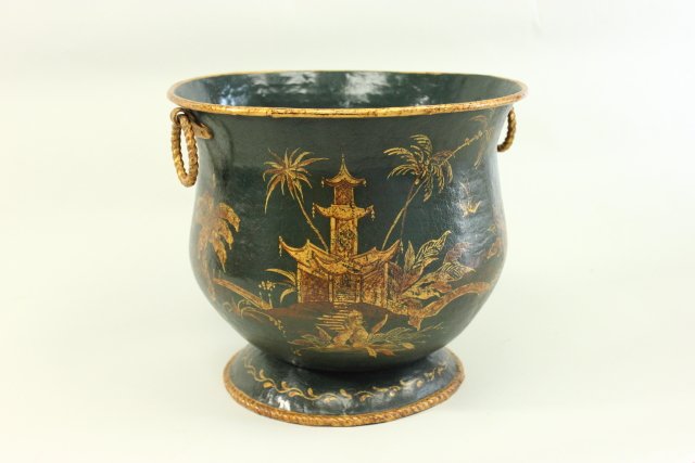 Green Ground Tole Peinte Jardiniere: Approx. 11 3/4" H. Property from a Park Ave, NY collection.