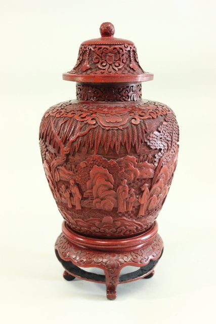 Antique Chinese Carved Cinnabar Covered Urn on Stand (1 of 3)