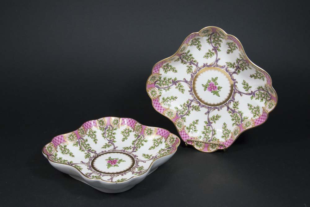 Pair Royal Worcester Quatrefoil Shaped Dishes: A.B. Daniell & Sons. Approx. 8" W. Property from a Park Ave, NY collection.