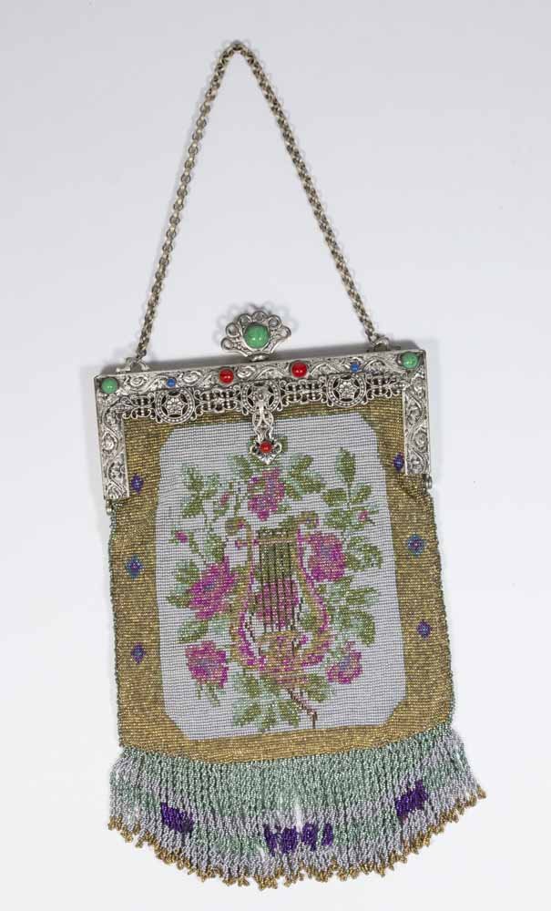 Antique Beaded Bag with Ornate Metal Frame: Lyre and floral design and bird and floral design.