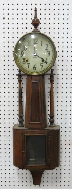 Ingraham Mahogany Banjo Clock: Approx. 37 1/2" H. Missing pendulum with columns.