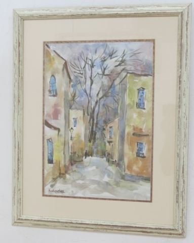 Yelena Kabischer, "Street Scene": Water color. Yelena (1903-1990, Russia). Signed lower left. 18" H x 13" W sight, 27" H x 22" W framed. From the Estate of Mrs. Barry Martin.