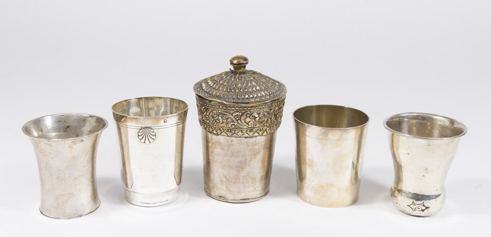 5-19th Century Silver Wine Cups: Includes 1 German, 1 French, 1 Danish, 1 Hungarian, and 1 covered Middle Eastern. Approx. 10.425 ozt, 324.3 g. From the 40-year personal collection of a retiring antique dealer.