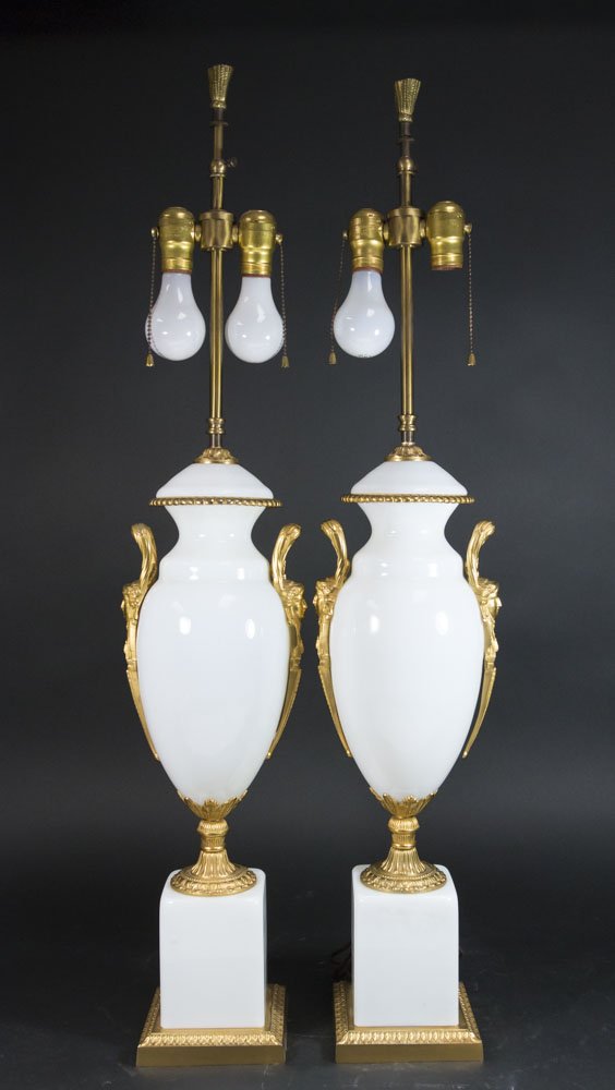 Pair Opalescent Glass Urn-Shaped Lamps (1 of 3)