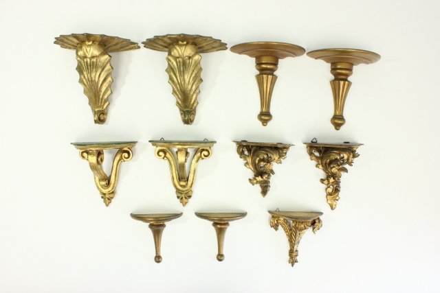 11 Giltwood Wall Brackets: Tallest approx. 9" L. (5051) One chipped, one cracked.
