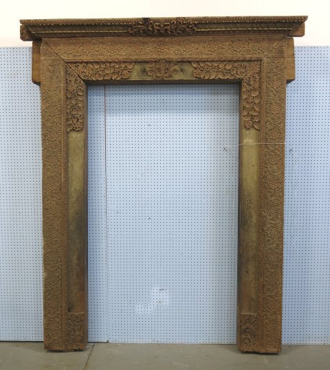 Southeast Asian Carved Teak Door Frame: Outside dimensions approx. 100" H x 97 1/2" W.