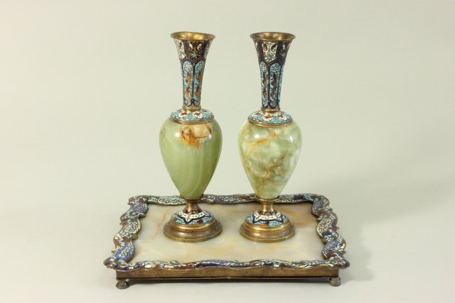 3 Piece Champlevé & Onyx Pieces: Including pair bud vases and footed tray.