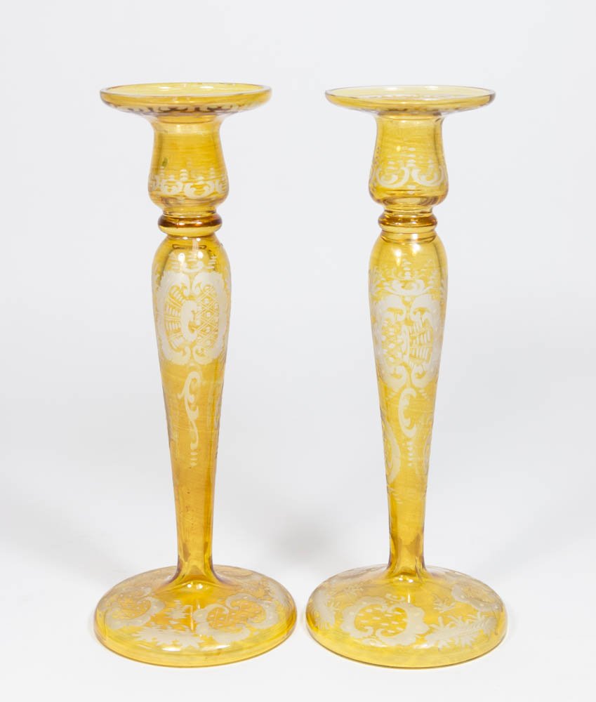 Pair Etched Glass Amber Bohemian Candlesticks (1 of 3)