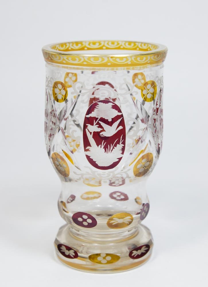 Bohemian Etched Red & Amber to Clear Glass Beaker (1 of 3)