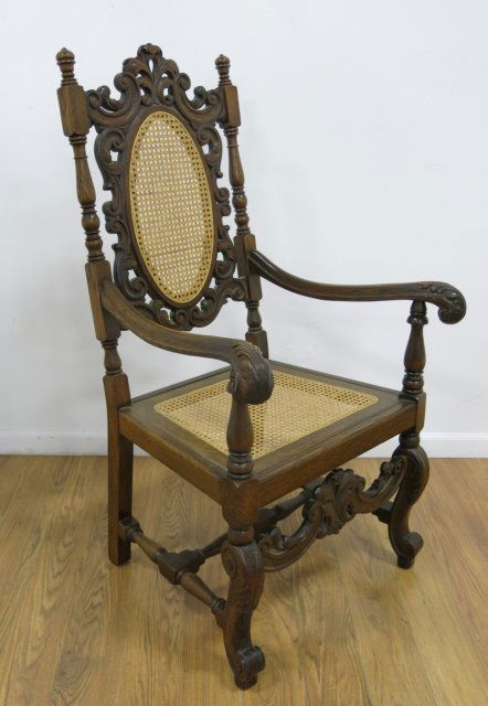 Carved Oak Cane Seat & Back Armchair (1 of 4)