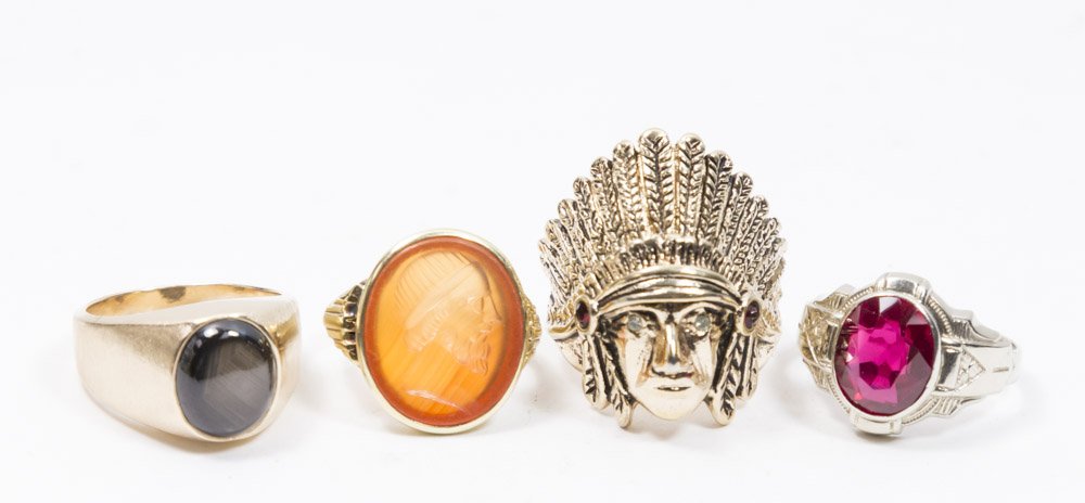 3-14K Gold Mens Rings & 1 Gilt Metal Indian Ring (1 of 7)