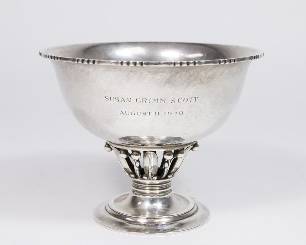 Georg Jensen Sterling Silver Bowl: Inscription from 1940. Approx. 4 1/2" H x 5 1/2" D. Approx. 9.56 ozt, 296.7 grams.