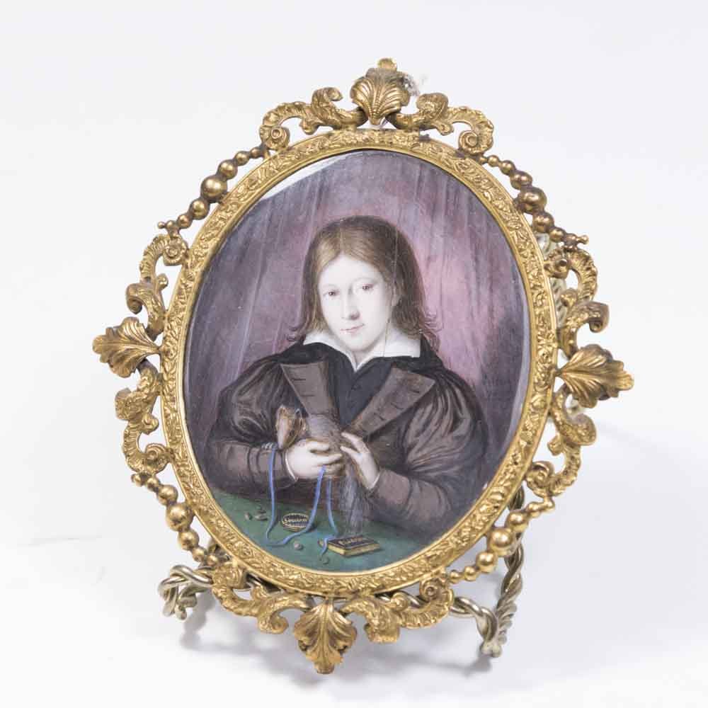 After F.P. Sacco, Portrait Miniature: Hand painted, Lad with Squirrel. Brass frame. Signed and dated 1833 on right side. F.P. Sacco (1797-1864). Approx. 3" H x 2 1/2" W. All portrait miniatures were bought at Christie's, Sotheby's, or pro