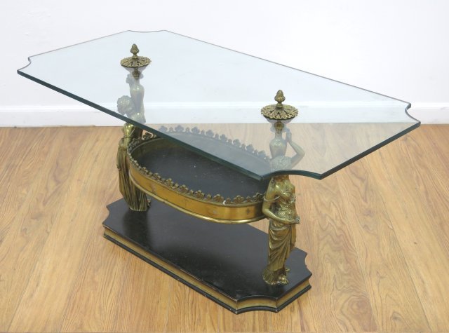 Figural Bronze Base with Glass Top Table: Approx. 20" H x 40" L x 20" D.