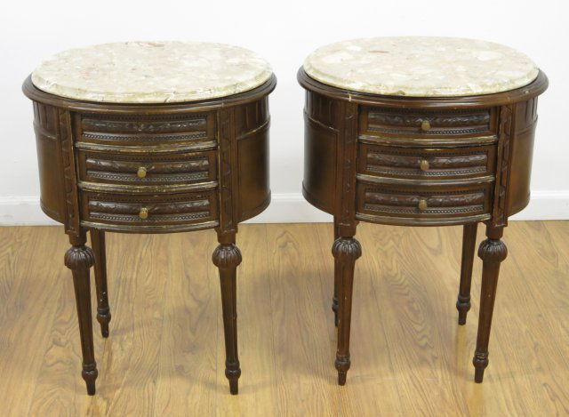 Pair Oval Marble Top Side Tables with Drawers (1 of 3)