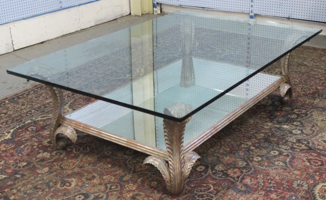 Silvered Prince of Wales Base Coffee Table: Glass top. Mirrored base. Approx. 20" H x 64" L x 43" D.