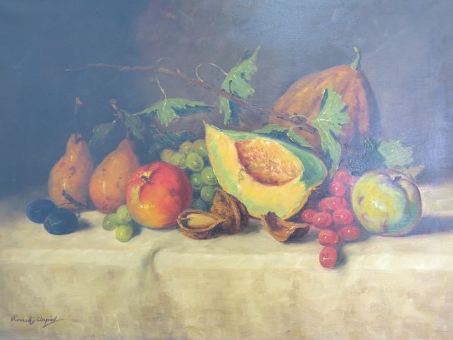 Arpad Romek, Still Life: Oil on canvas. Signed lower left. Arpad Romek (1883-1960). Approx. 24" H x 30" W unframed, 32" H x 38" W framed.