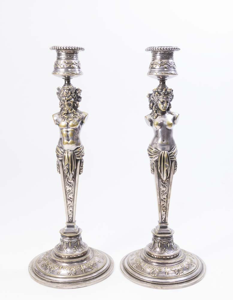 Pair of Figural Silvered Bronze Candlesticks (1 of 8)
