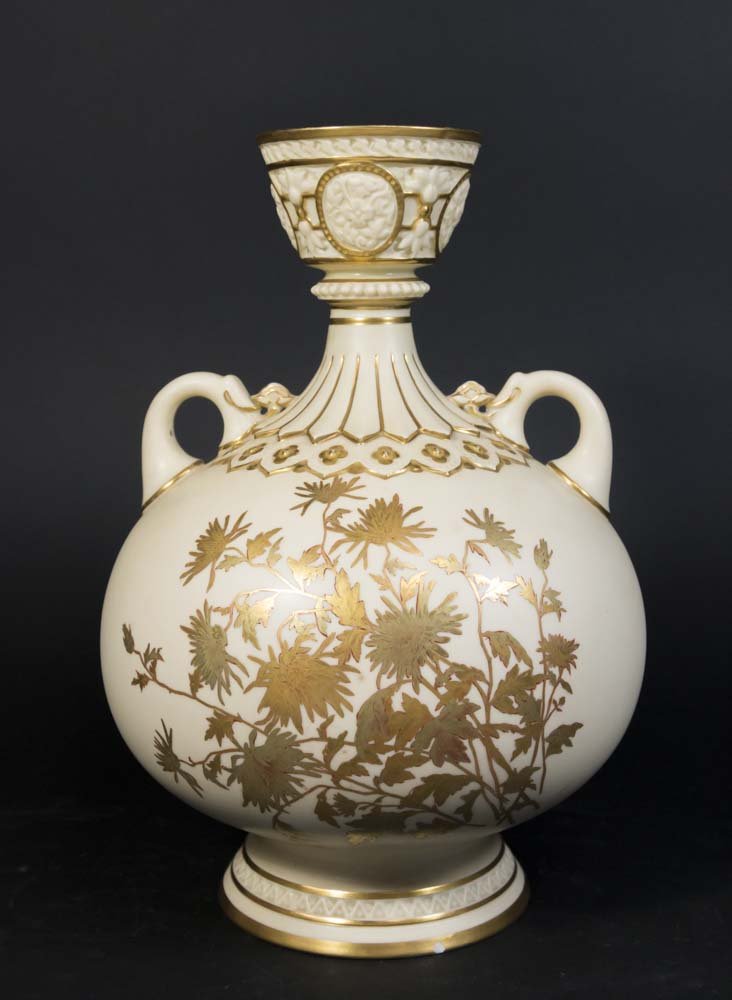 Royal Worcester 2-Handle Vase: Purple mark. Gold floral design. (1.4092.4) Small flake bottom edge.