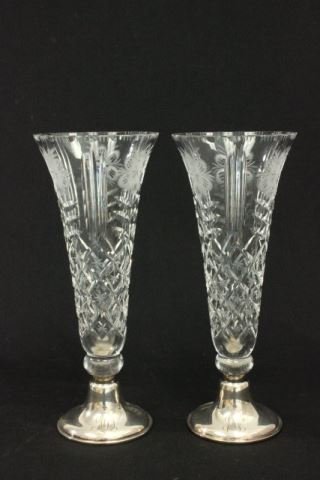 :Pair Scandinavian Sterling & Glass Vases: Bases hallmarked. Approx. 13 1/4" H. (4082) Minor flake on top.