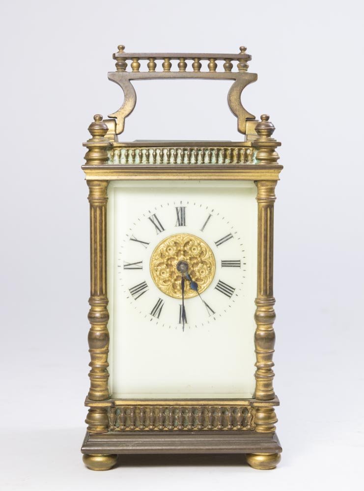 Bronze & Crystal Carriage Clock: Porcelain face. Beveled glass. "Made in France." Approx. 5 1/8" x 3". (5086)