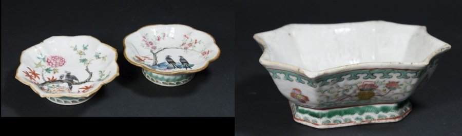 3 Chinese Porcelain Items: Including 2 Chinese compotes with birds on branches, circa 19th century, mark line, approx. 5 1/8" x 1 1/2"; and Chinese porcelain oblong bowl, wax seal, floral design, approx. 6 1/4" W. Chip on rim o