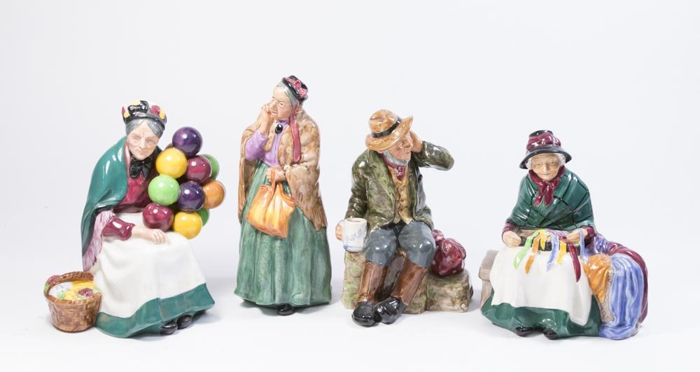 Lot of 4 Royal Doulton Figurines: Including Owd Willum HN2042, The Old Balloon Seller HN1315, Bridget HN2070, Silksand Ribbons HN2017. Property of a Long Island, NY antique dealer.