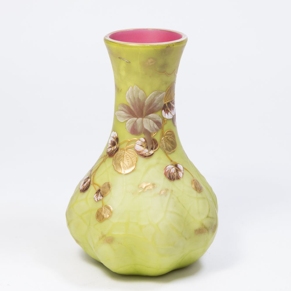 Floral Enameled Glass Vase: Made by Webb Co. or Steven Williams Co. Circa 1890. Approx. 6" H. Property of a Long Island, NY antique dealer.
