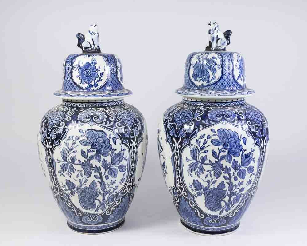 Pair Boch Delft Style Blue & White Covered Urns (1 of 10)