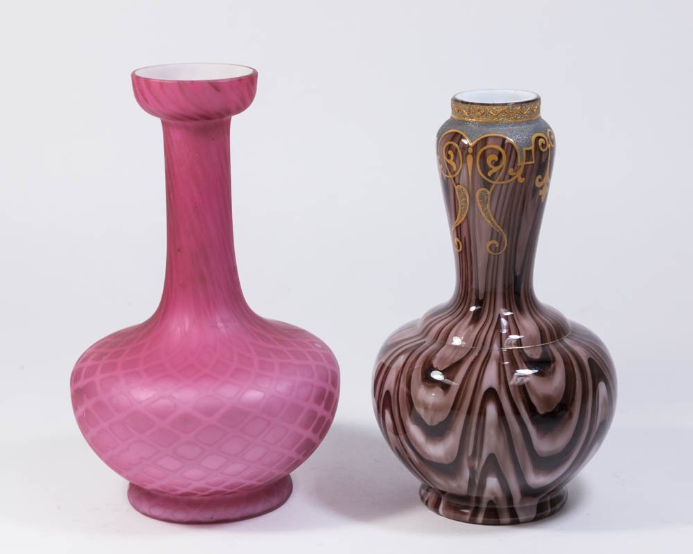 Loetz Onyx Pattern Vase & Pink Satin Vase: Approx. 8 3/4" H and 8" H. Property of a Long Island, NY antique dealer. Air bubble on side of Loetz vase.