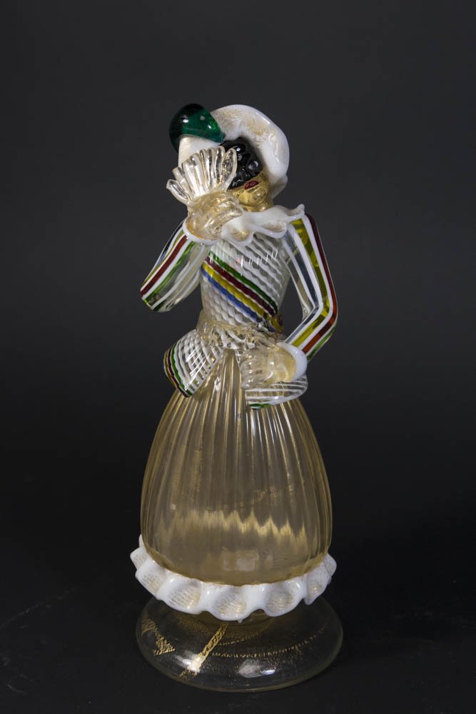 Murano Figure of Female with Mask: Approx. 12" H. Property of a Long Island, NY antique dealer. Damage to collar.