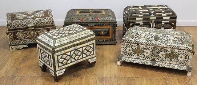 5 Wooden Trunks with Inlaid Bone & Stone: Various sizes and shapes. Largest approx. 13 1/2" H x 20" W x 12" D.